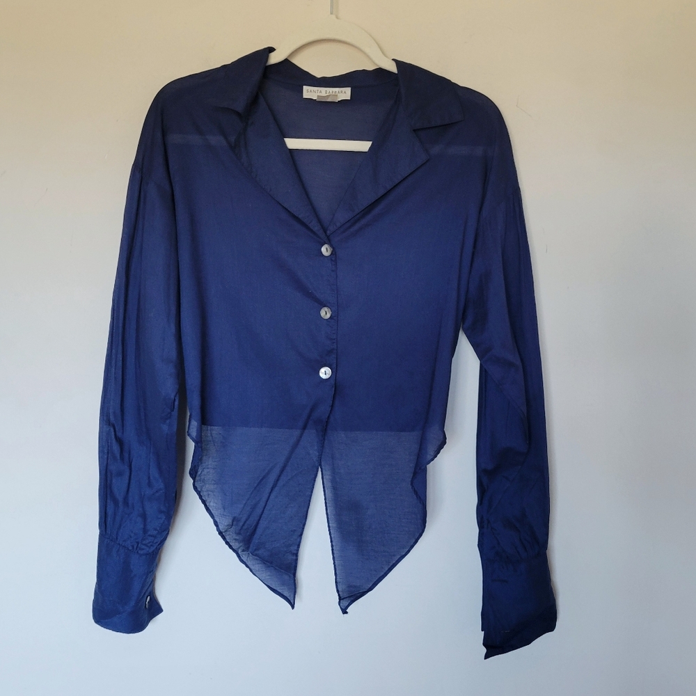 Santa Barbara Cotton Tie Front Button Down Top in Navy